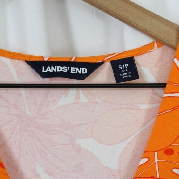 Lands End Orange and Pink Tropical Print Faux Wrap Short Sleeve Dress Small - Picture 7 of 7